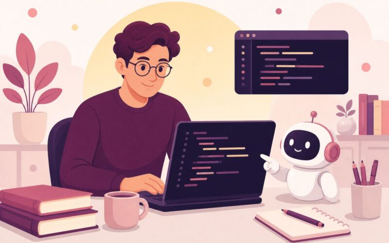برنامهنویس در حال کدنویسی با دستیار هوش مصنوعی