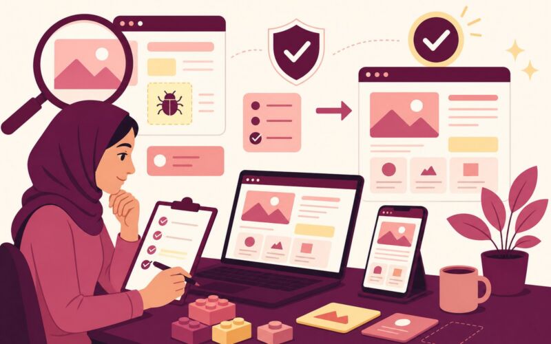 هنرجو در حال آزمایش وب‌سایت روی لپ‌تاپ و تلفن همراه پیش از انتشار